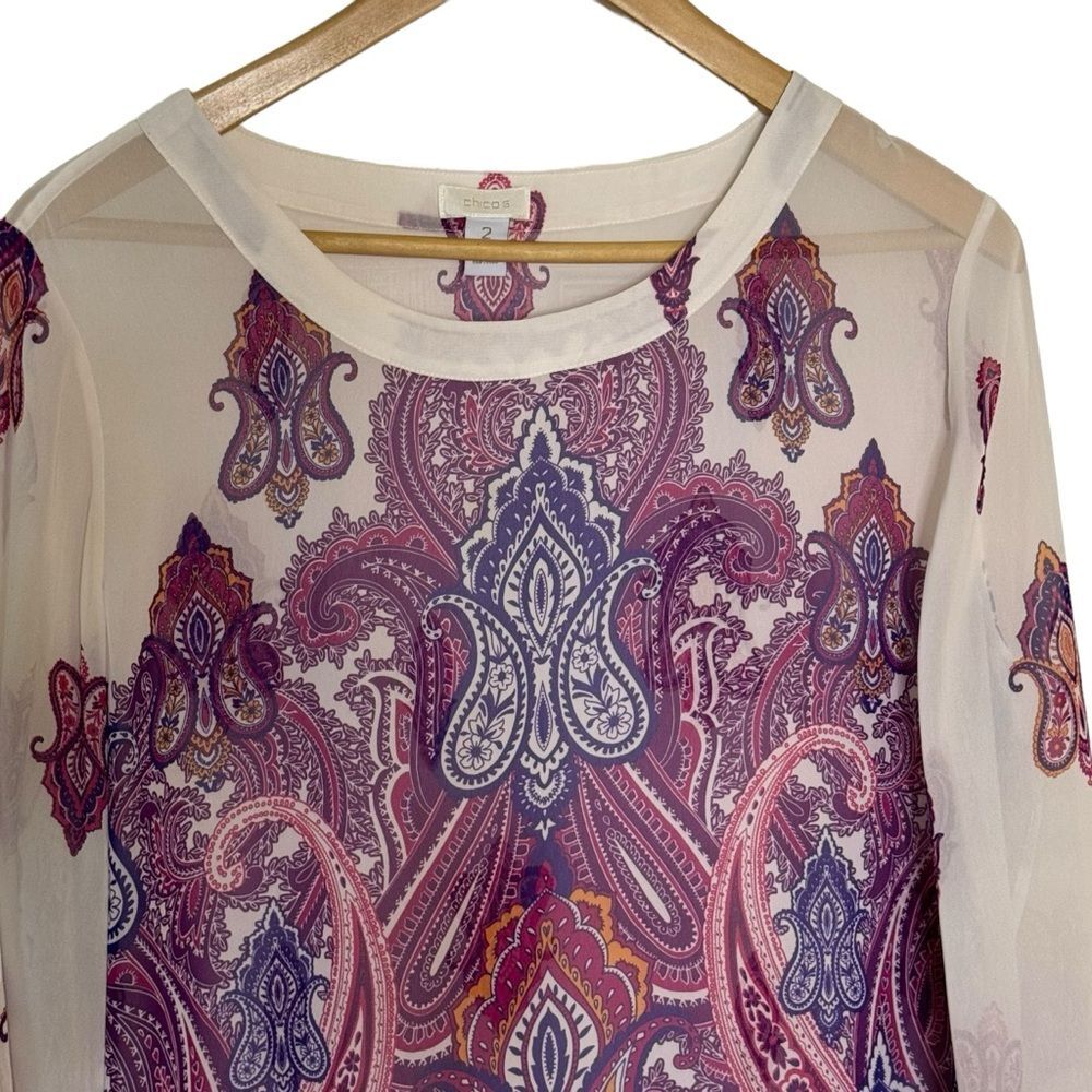 Chico's Women's Semi Sheer Paisley 3/4 Sleeve Purple White Tunic Size 2 (Medium) - Picture 2 of 10